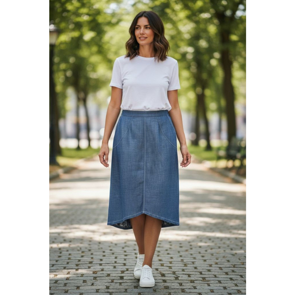 LAVANTINO Dresses & Skirts - LAVANTINO Blue Denim Midi Skirt with White Stitching Size 12